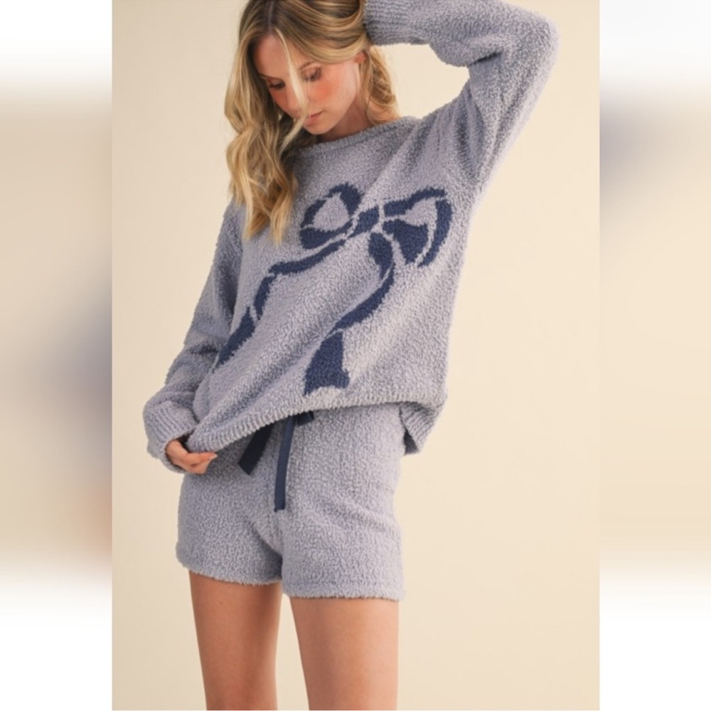 Klesis Bow Cozy Knit Lounge Set Blue Sweater Shorts Coquette NWT S - Picture 2 of 8